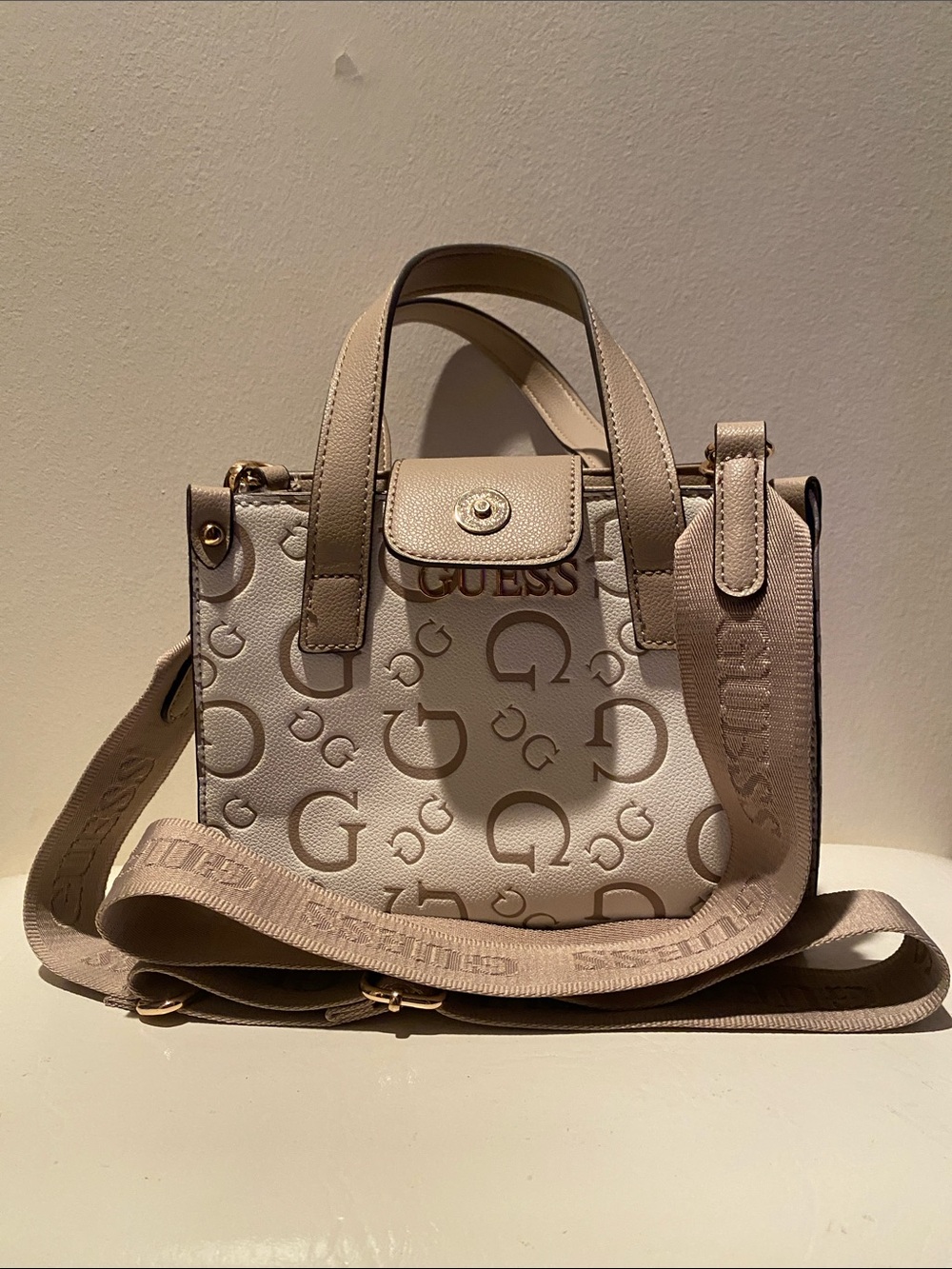 Beige Monogram Crossbody Satchel with Adjustable Strap